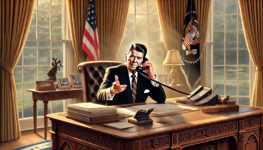 Here is the landscape-proportioned illustration of Ronald Reagan in the Oval Office, engaged in a tense phone conversation.